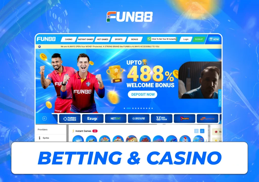 Fun88 platform in India featuring sportsbook, casino games and mobile access