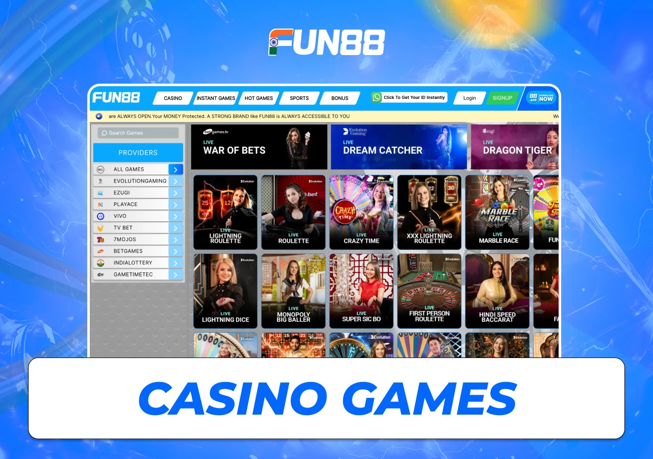 Casino library with slots, table games and live dealer entertainment